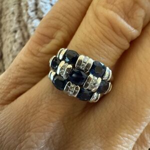 Vintage Platinum 900 Blue Sapphire & Diamond Wide Band Ring – 7.3g – Size 7